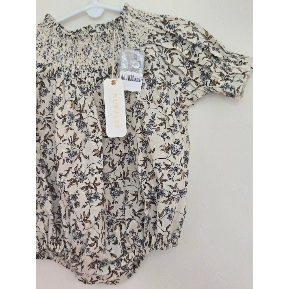 Noralee Baby Floral Smocked Bubble Romper Swiss Dot Cotton 3M Cream Tan